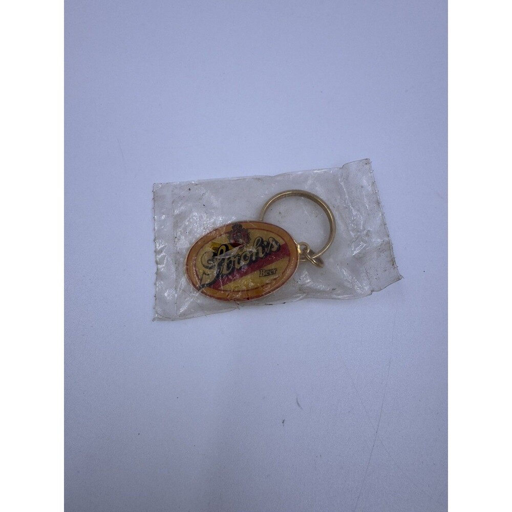 Vintage STROH'S BEER Oval Shaped Metal Keyring New in Bag